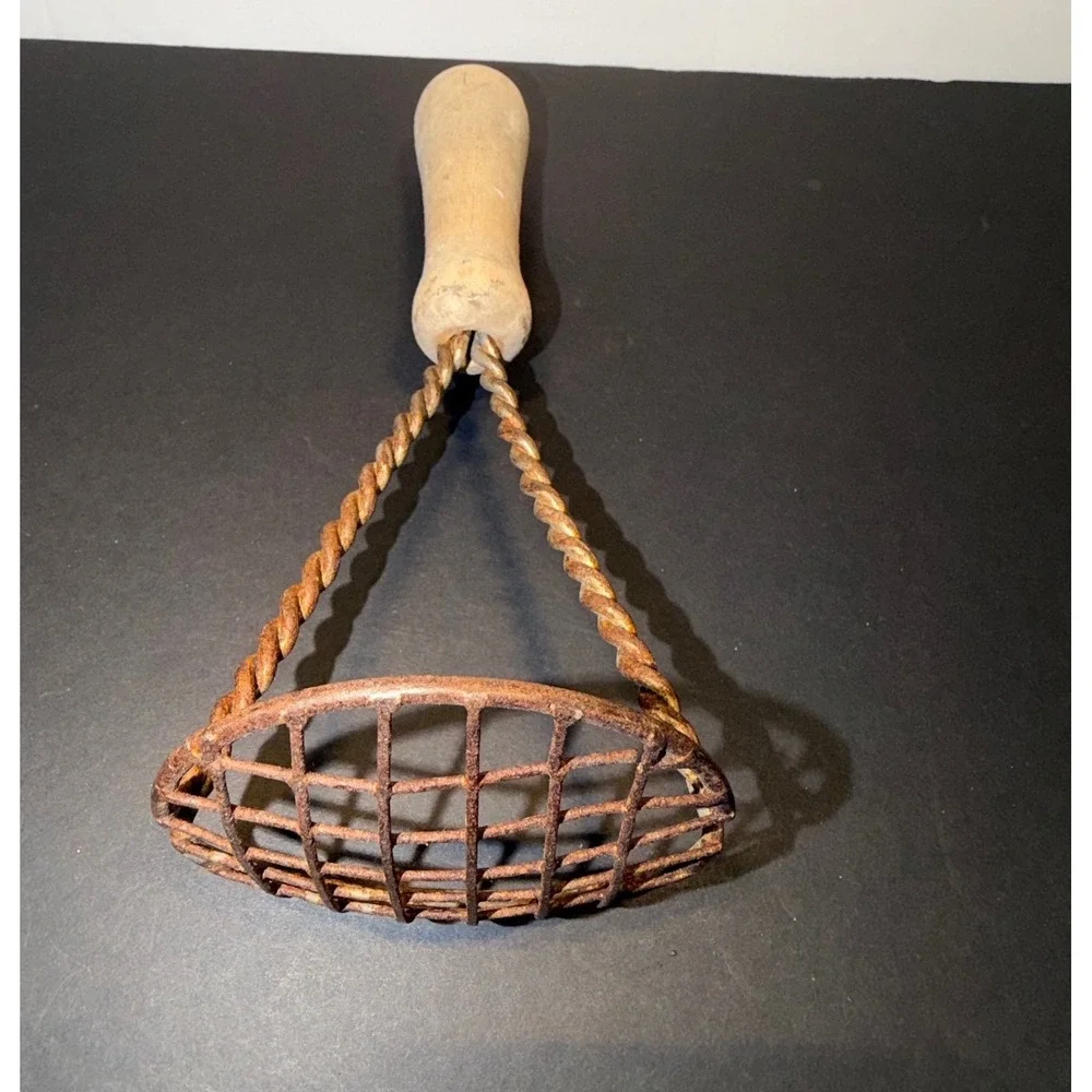 Vintage Antique Potato Masher Wood Handle Twisted Metal Primitive Kitchen Decor